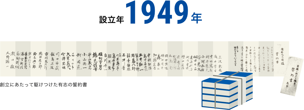 創立にあたって駆けつけた有志の誓約書とお名前が書かれた文書の画像